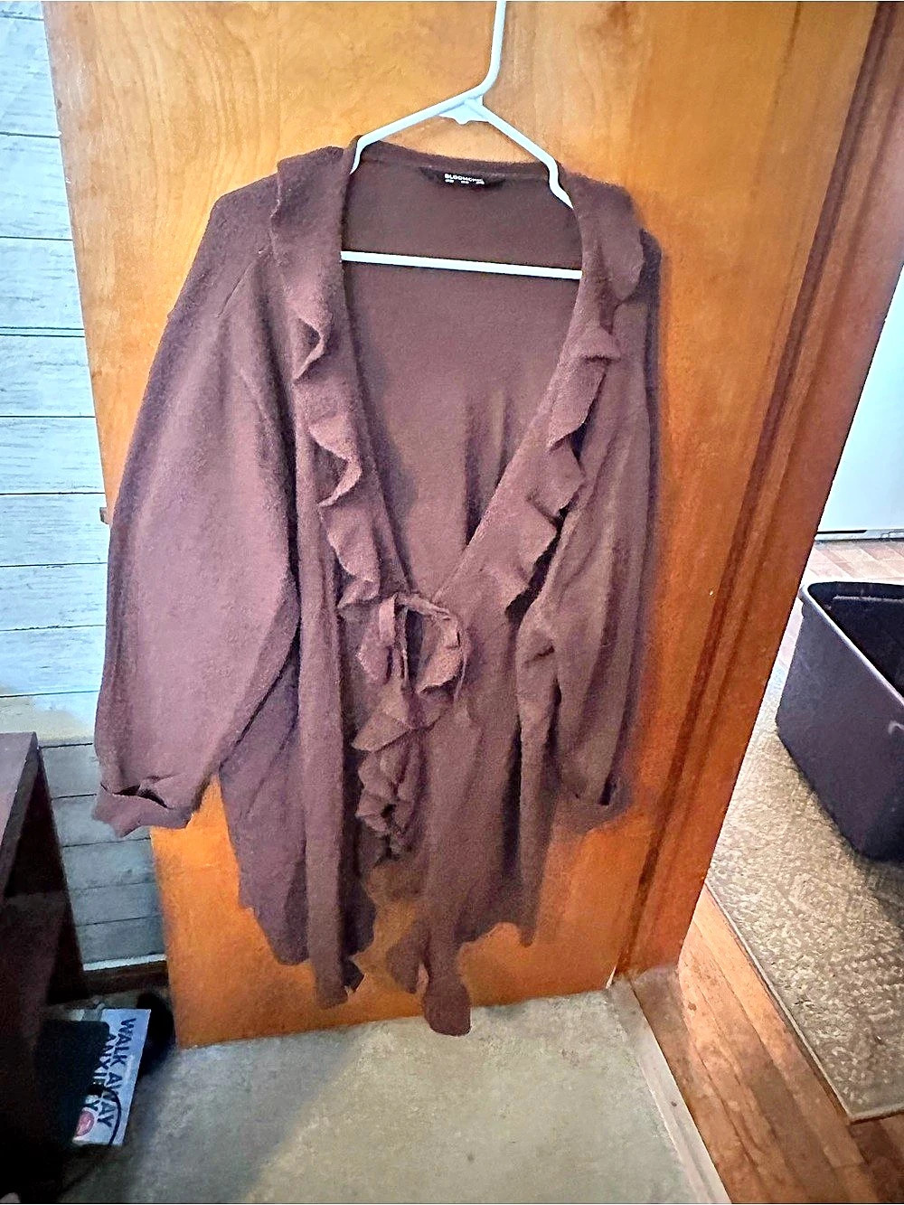 Bloomchic Ruffled Edged Front Tie Knit Cardigan Brown US 28